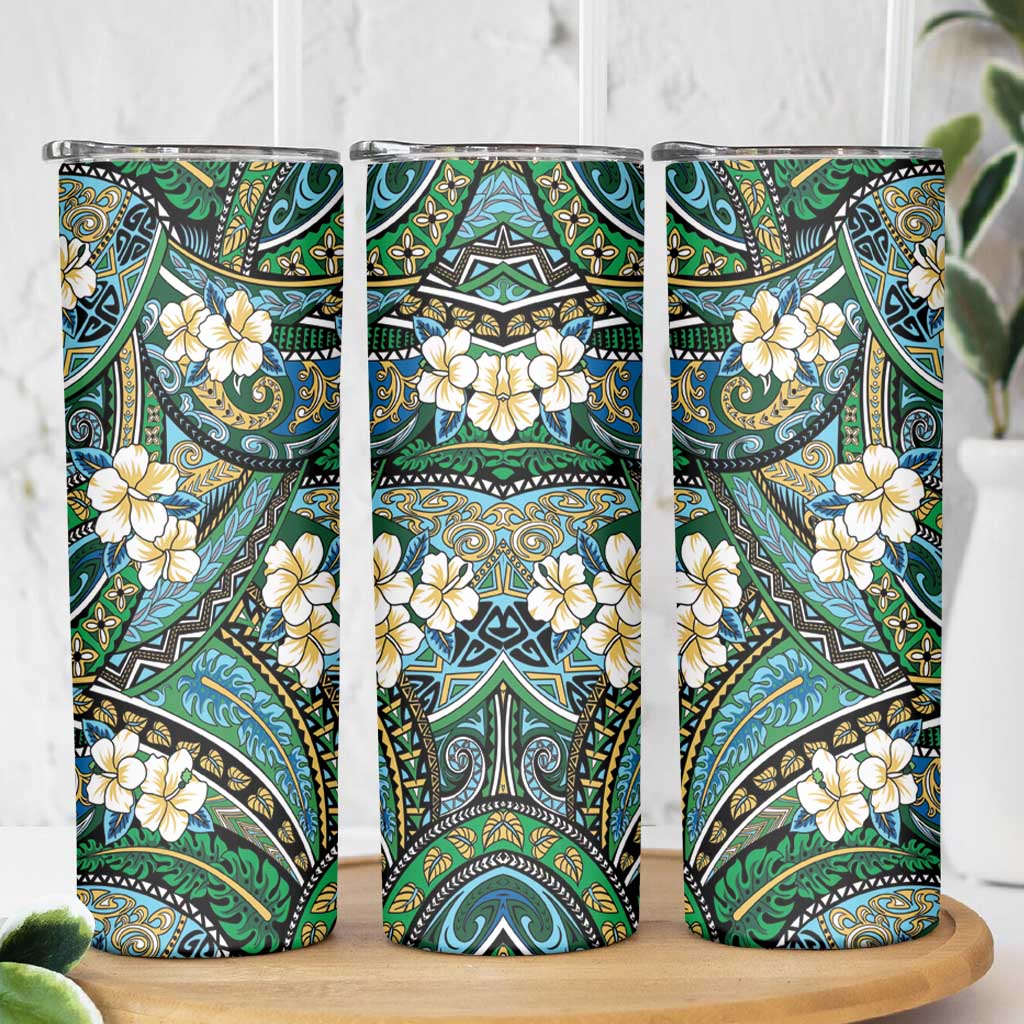 Polynesian Hibiscus Tropical Green Floral Skinny Tumbler Tribal Pattern - Polynesian Pride
