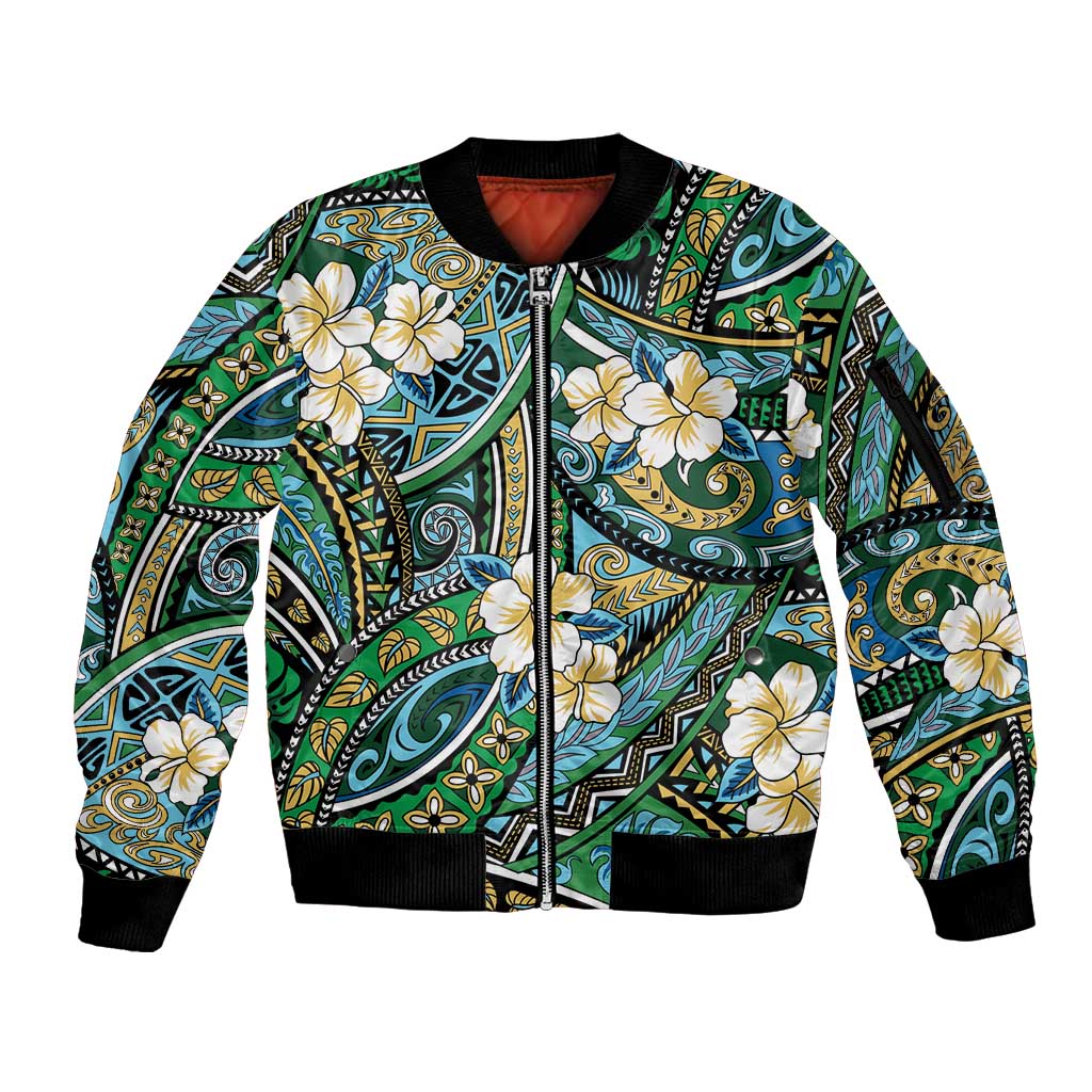 Polynesian Hibiscus Tropical Green Floral Sleeve Zip Bomber Jacket Tribal Pattern - Polynesian Pride