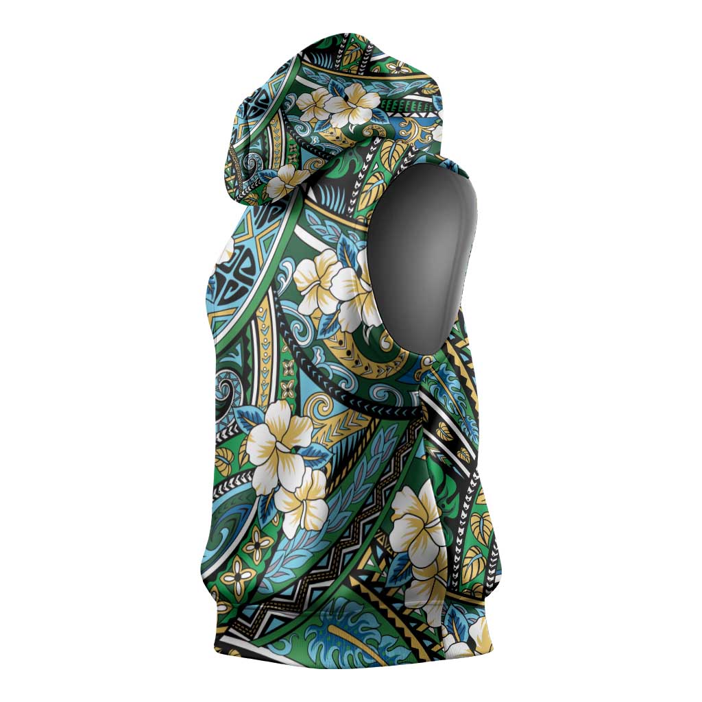 Polynesian Hibiscus Tropical Green Floral Sleeveless Hoodie Tribal Pattern - Polynesian Pride