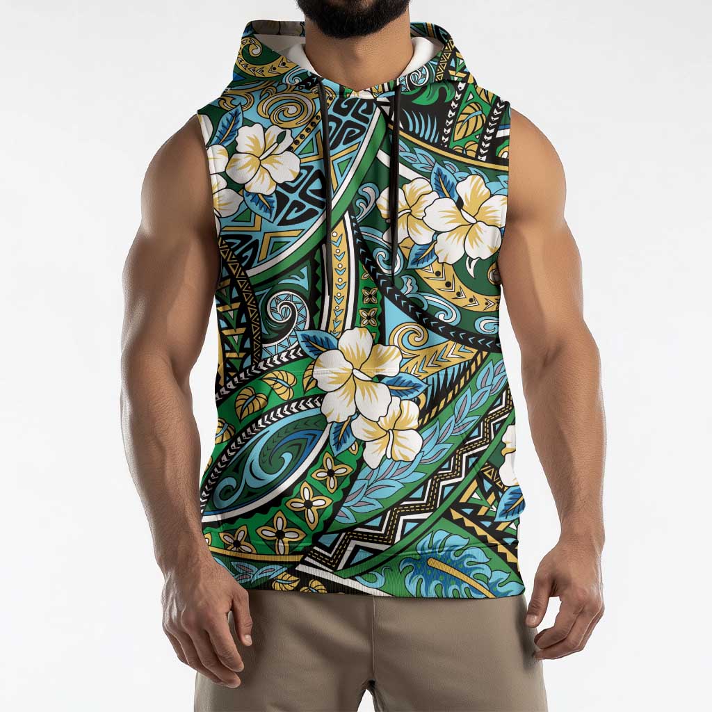 Polynesian Hibiscus Tropical Green Floral Sleeveless Hoodie Tribal Pattern - Polynesian Pride