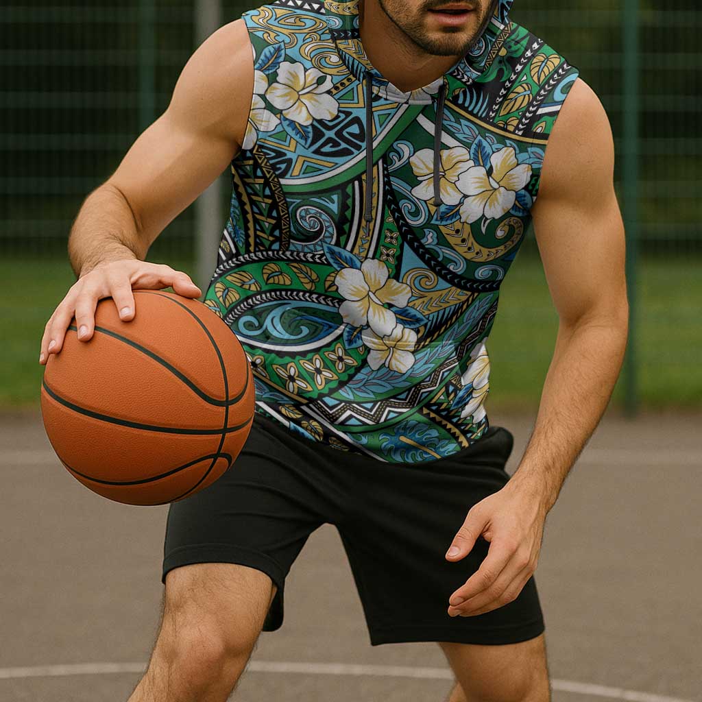 Polynesian Hibiscus Tropical Green Floral Sleeveless Hoodie Tribal Pattern - Polynesian Pride