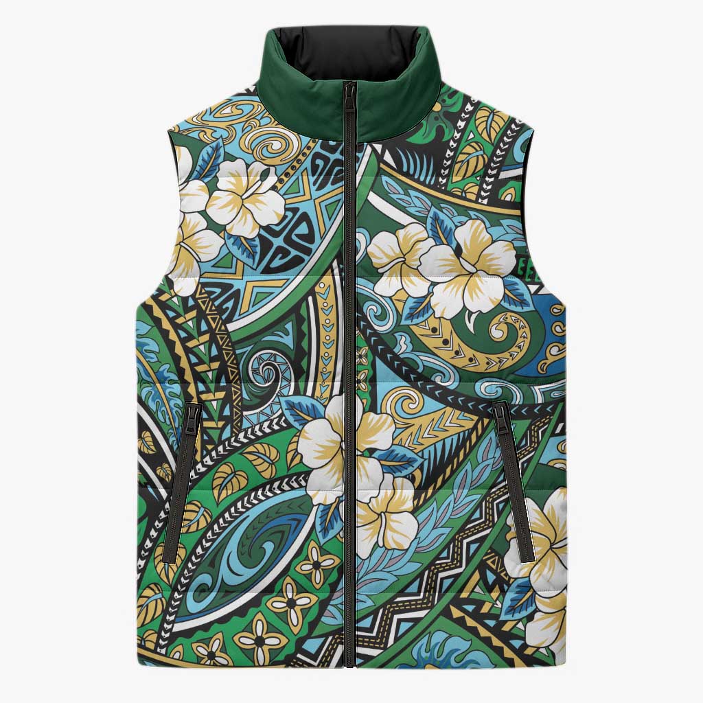 Polynesian Hibiscus Tropical Green Floral Sleeveless Puffer Jacket Tribal Pattern - Polynesian Pride