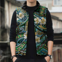 Polynesian Hibiscus Tropical Green Floral Sleeveless Puffer Jacket Tribal Pattern - Polynesian Pride