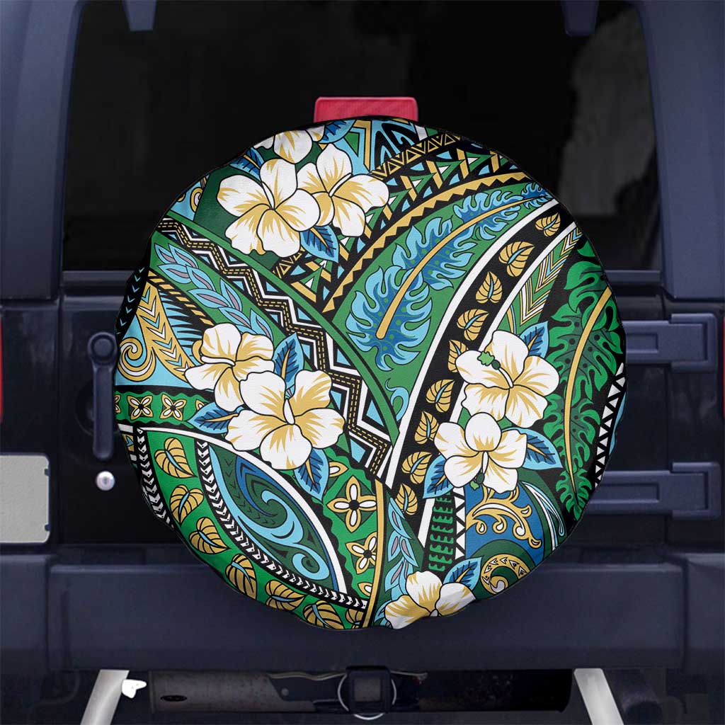 Polynesian Hibiscus Tropical Green Floral Spare Tire Cover Tribal Pattern - Polynesian Pride