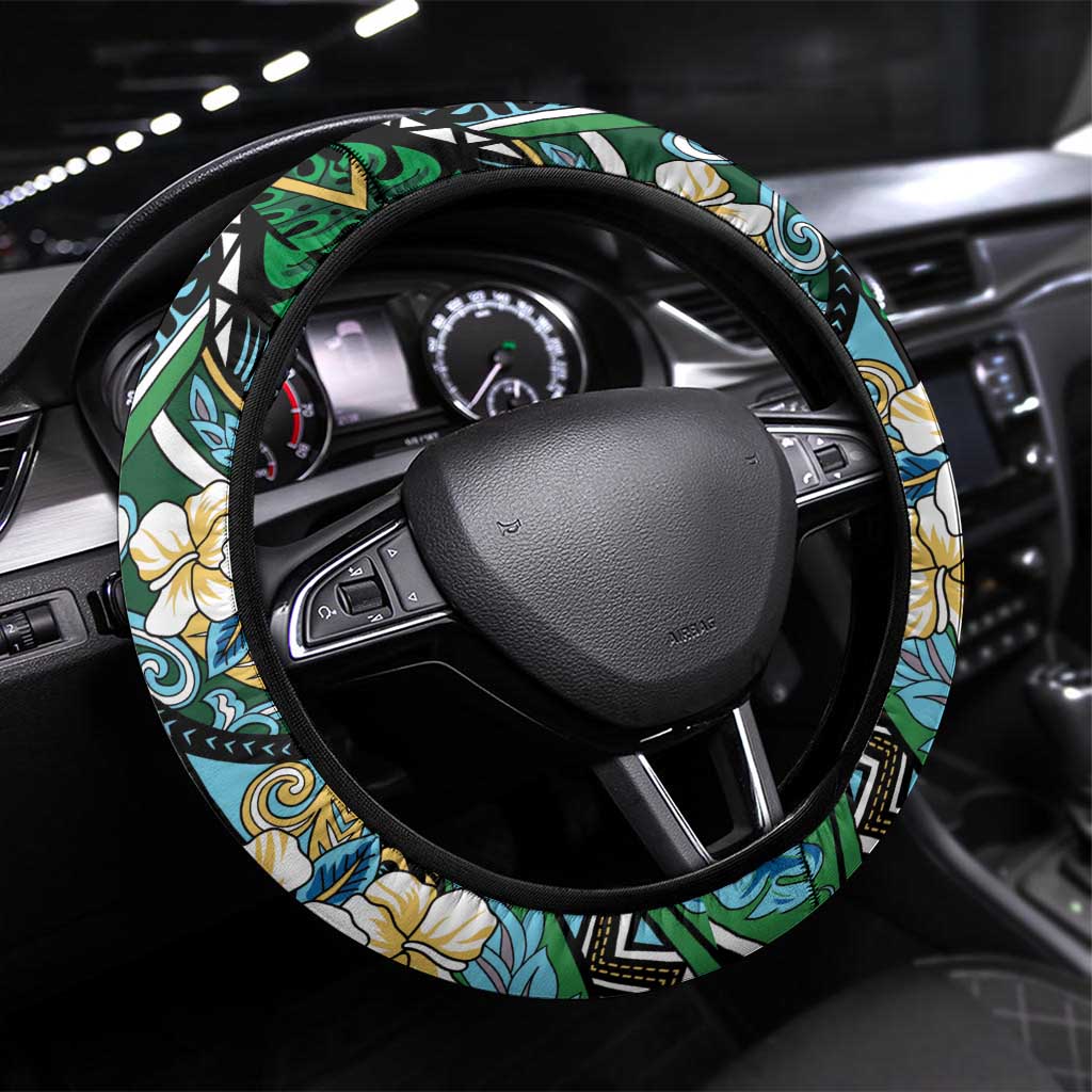 Polynesian Hibiscus Tropical Green Floral Steering Wheel Cover Tribal Pattern - Polynesian Pride