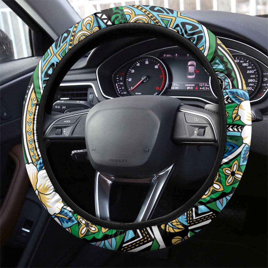 Polynesian Hibiscus Tropical Green Floral Steering Wheel Cover Tribal Pattern - Polynesian Pride