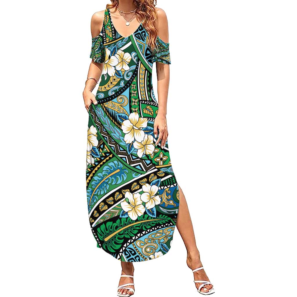 Polynesian Hibiscus Tropical Green Floral Summer Maxi Dress Tribal Pattern - Polynesian Pride