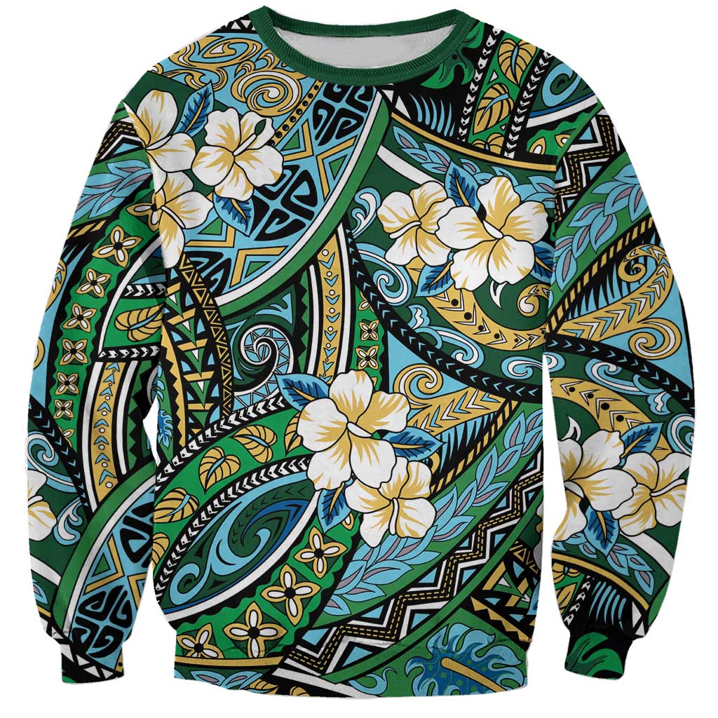 Polynesian Hibiscus Tropical Green Floral Sweatshirt Tribal Pattern - Polynesian Pride