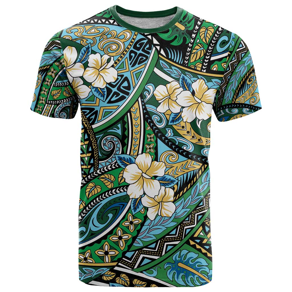 Polynesian Hibiscus Tropical Green Floral T Shirt Tribal Pattern - Polynesian Pride
