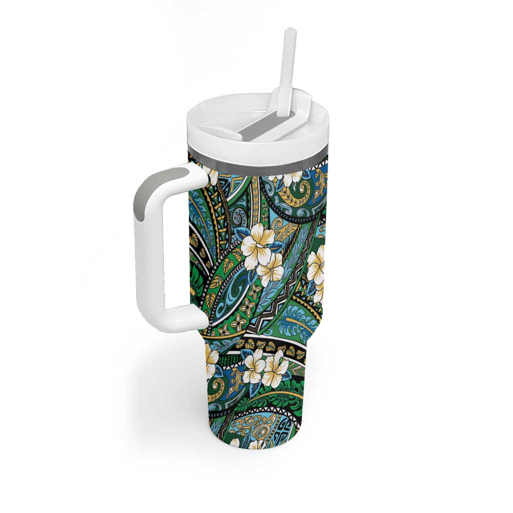 Polynesian Hibiscus Tropical Green Floral Tumbler With Handle Tribal Pattern - Polynesian Pride