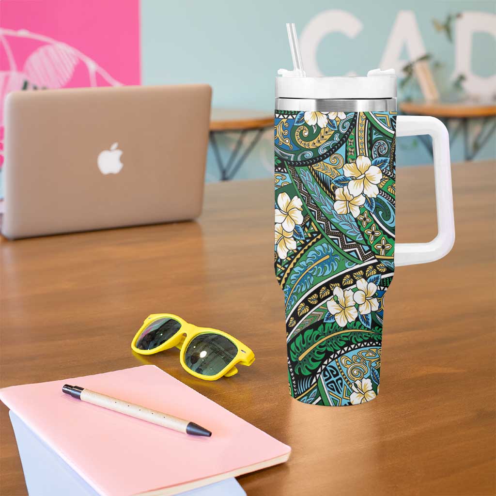 Polynesian Hibiscus Tropical Green Floral Tumbler With Handle Tribal Pattern - Polynesian Pride
