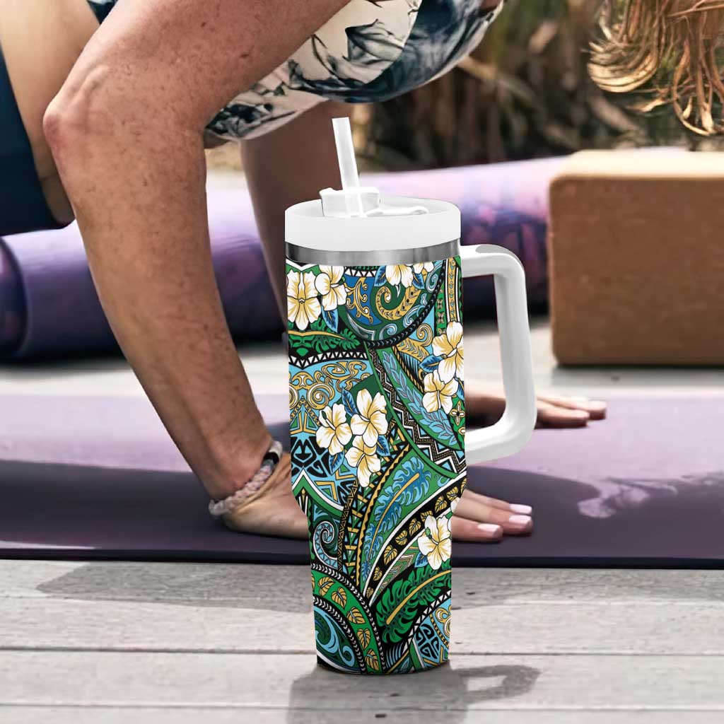 Polynesian Hibiscus Tropical Green Floral Tumbler With Handle Tribal Pattern - Polynesian Pride