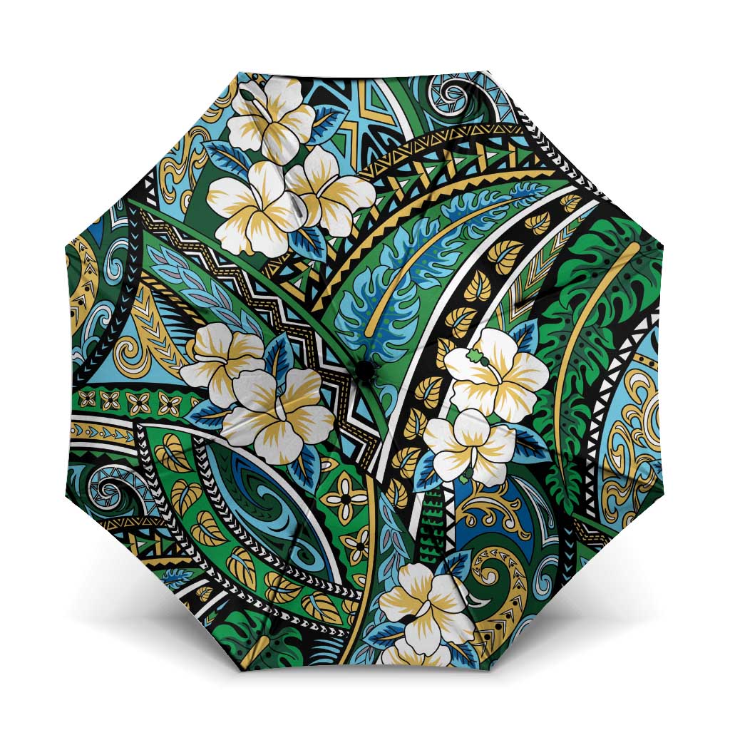 Polynesian Hibiscus Tropical Green Floral Umbrella Tribal Pattern - Polynesian Pride