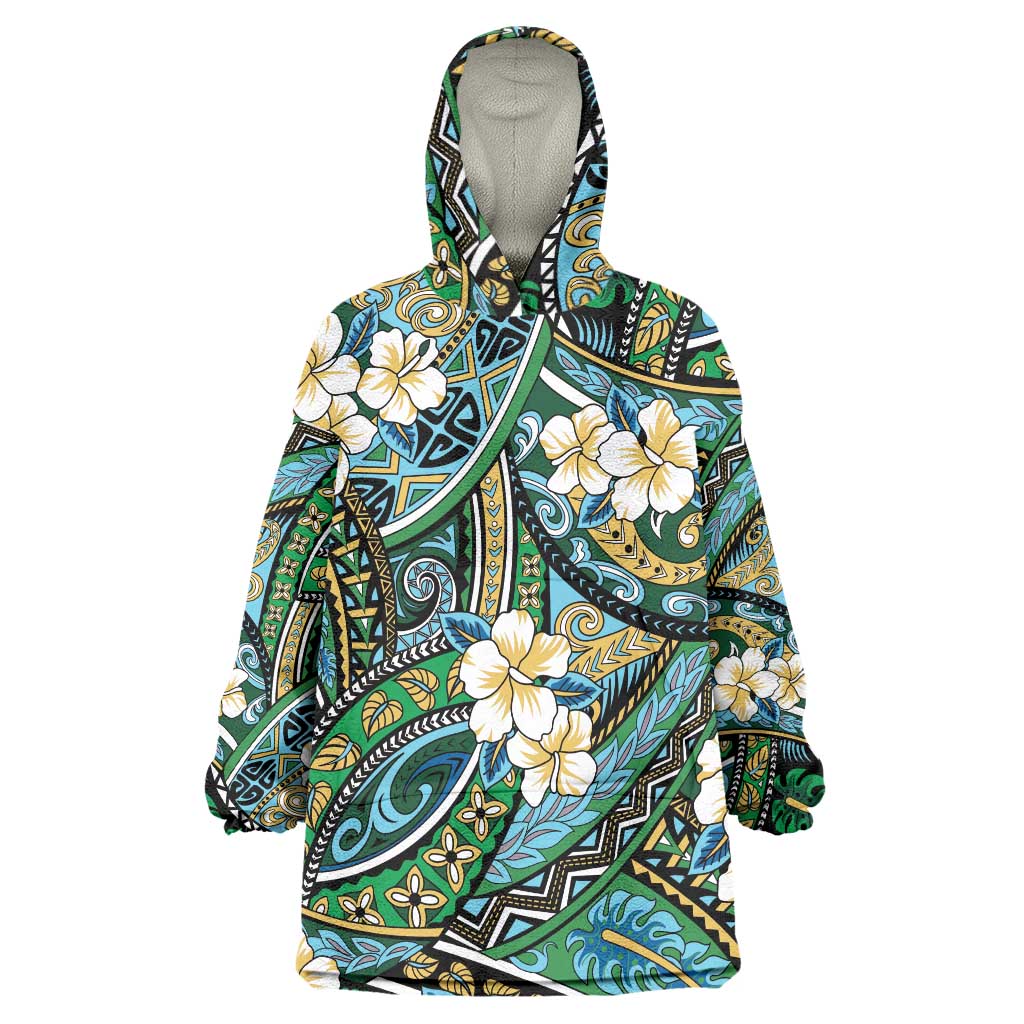 Polynesian Hibiscus Tropical Green Floral Wearable Blanket Hoodie Tribal Pattern - Polynesian Pride