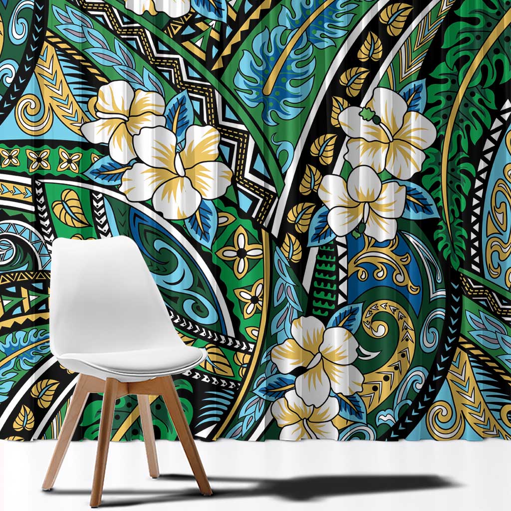 Polynesian Hibiscus Tropical Green Floral Window Curtain Tribal Pattern - Polynesian Pride
