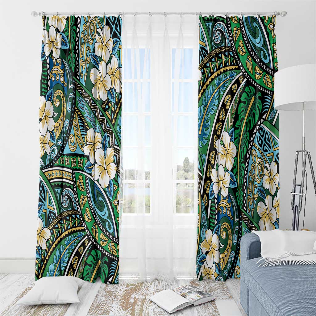 Polynesian Hibiscus Tropical Green Floral Window Curtain Tribal Pattern - Polynesian Pride