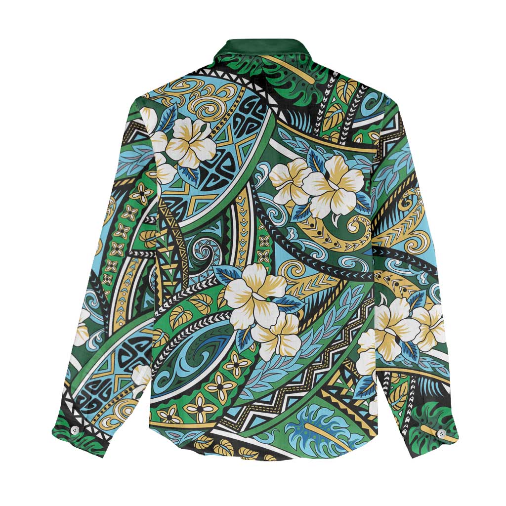 Polynesian Hibiscus Tropical Green Floral Women Casual Shirt Tribal Pattern - Polynesian Pride
