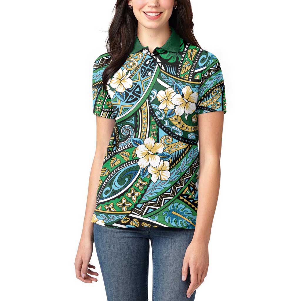 Polynesian Hibiscus Tropical Green Floral Women Polo Shirt Tribal Pattern - Polynesian Pride