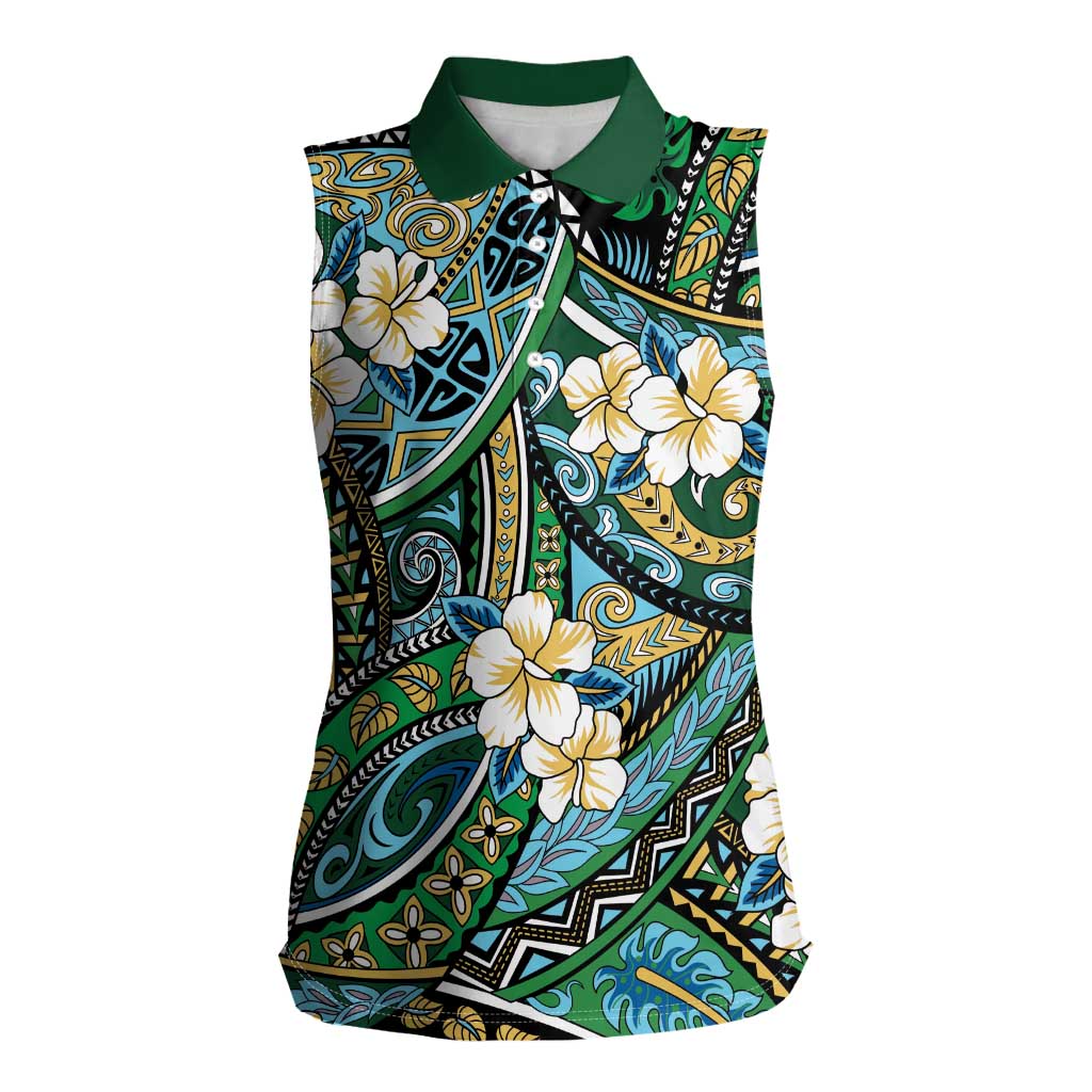 Polynesian Hibiscus Tropical Green Floral Women Sleeveless Polo Shirt Tribal Pattern - Polynesian Pride