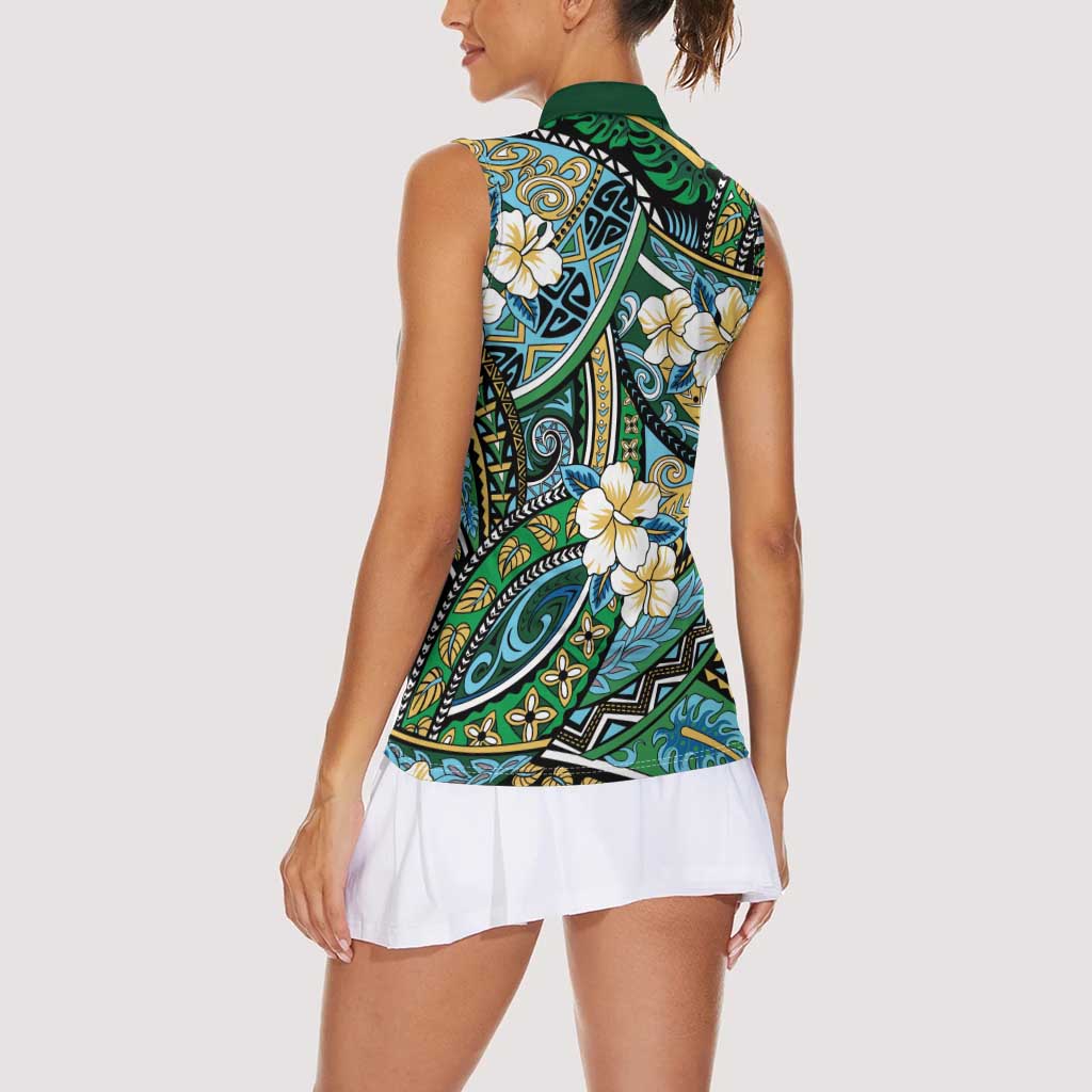 Polynesian Hibiscus Tropical Green Floral Women Sleeveless Polo Shirt Tribal Pattern - Polynesian Pride