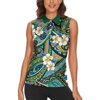Polynesian Hibiscus Tropical Green Floral Women Sleeveless Polo Shirt Tribal Pattern - Polynesian Pride
