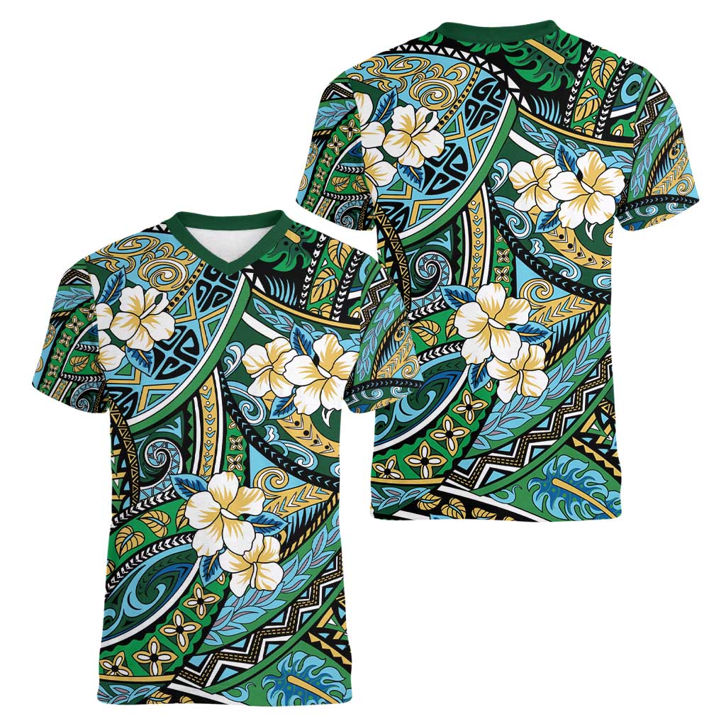 Polynesian Hibiscus Tropical Green Floral Women V-Neck T-Shirt Tribal Pattern - Polynesian Pride