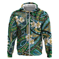 Polynesian Hibiscus Tropical Green Floral Zip Hoodie Tribal Pattern - Polynesian Pride