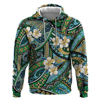 Polynesian Hibiscus Tropical Green Floral Zip Hoodie Tribal Pattern - Polynesian Pride