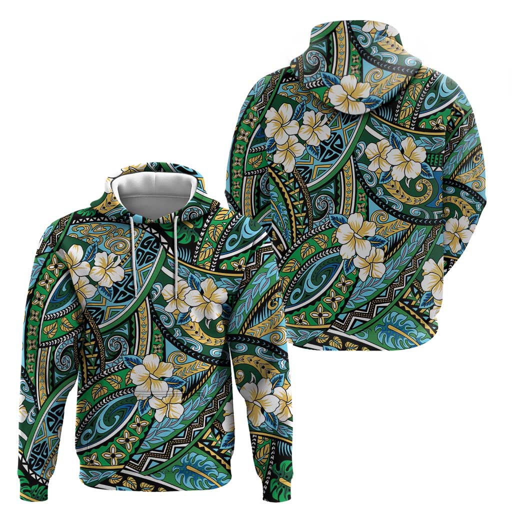 Polynesian Hibiscus Tropical Green Floral Zip Hoodie Tribal Pattern - Polynesian Pride