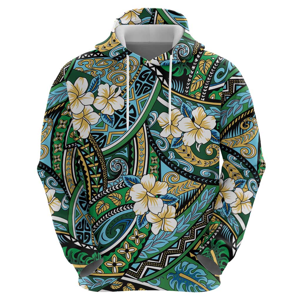 Polynesian Hibiscus Tropical Green Floral Zip Hoodie Tribal Pattern - Polynesian Pride