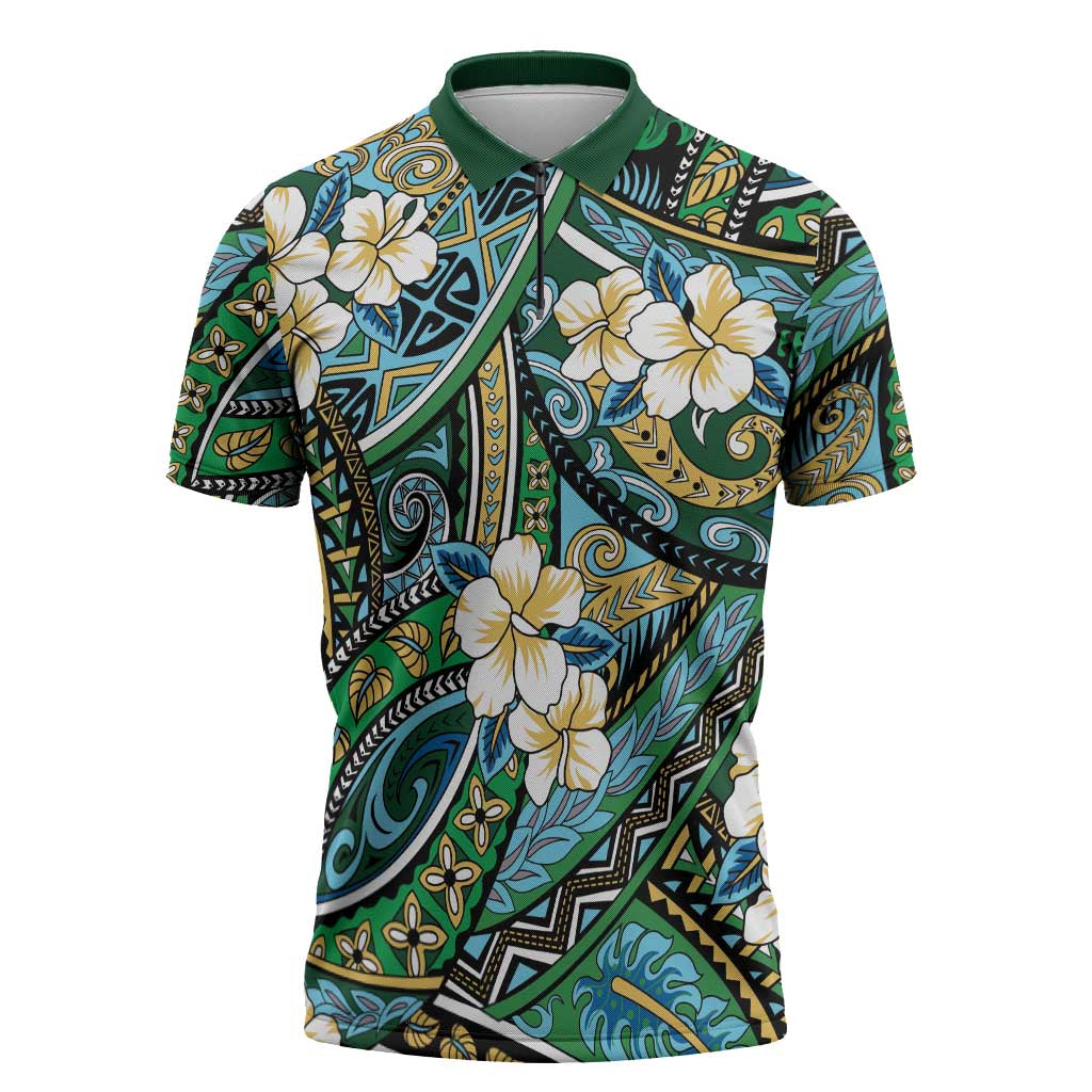 Polynesian Hibiscus Tropical Green Floral Zipper Polo Shirt Tribal Pattern - Polynesian Pride