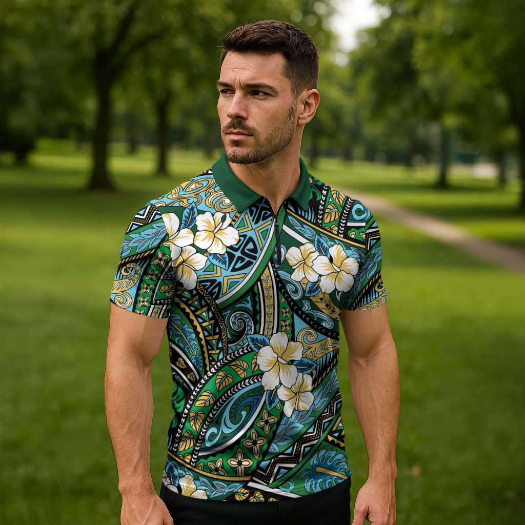 Polynesian Hibiscus Tropical Green Floral Zipper Polo Shirt Tribal Pattern - Polynesian Pride