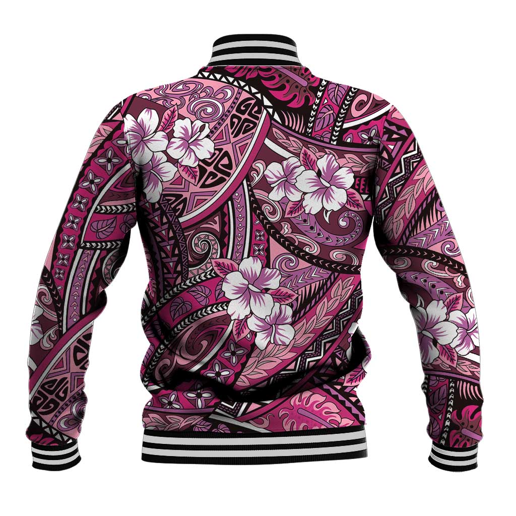 Polynesian Hibiscus Tropical Pink Floral Baseball Jacket Tribal Pattern - Polynesian Pride