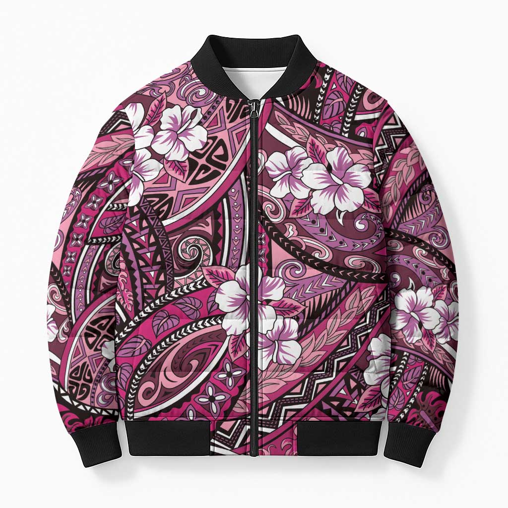 Polynesian Hibiscus Tropical Pink Floral Bomber Puffer Jacket Tribal Pattern - Polynesian Pride