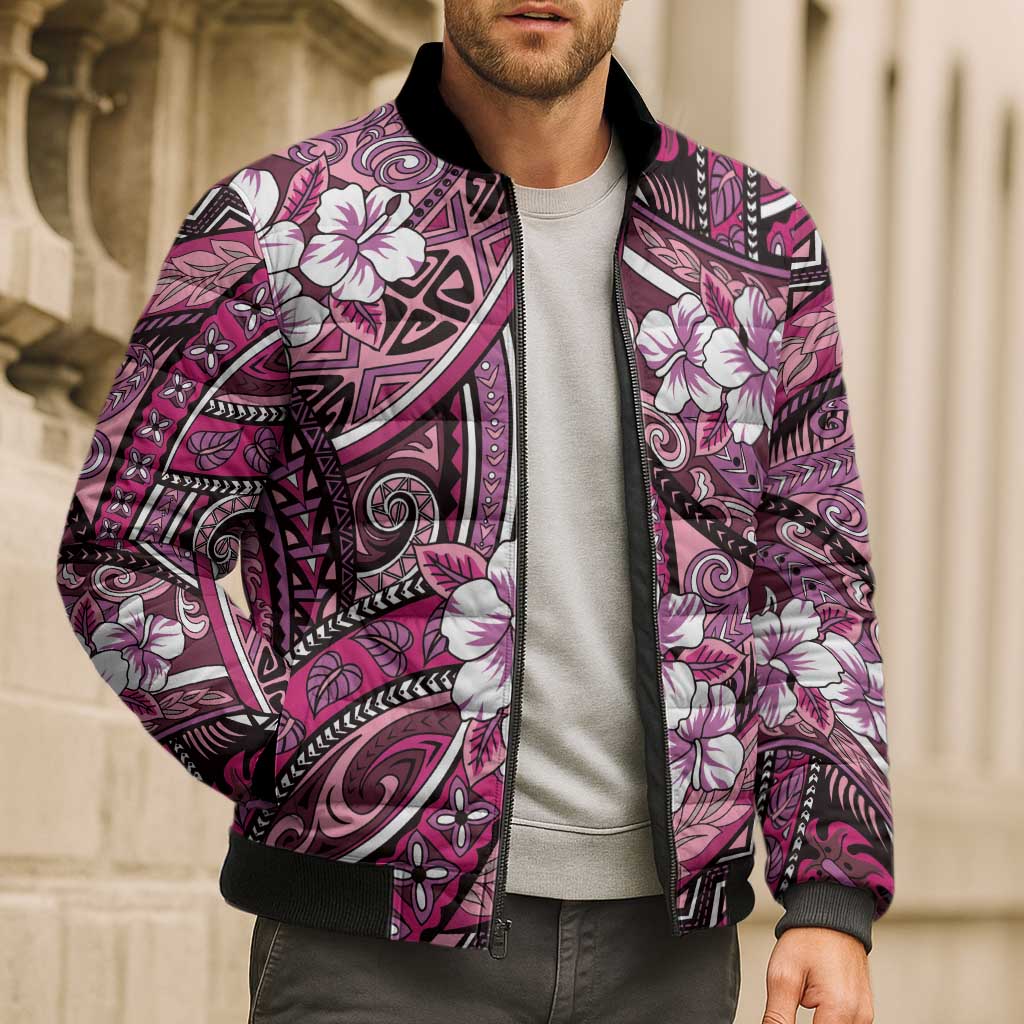 Polynesian Hibiscus Tropical Pink Floral Bomber Puffer Jacket Tribal Pattern - Polynesian Pride