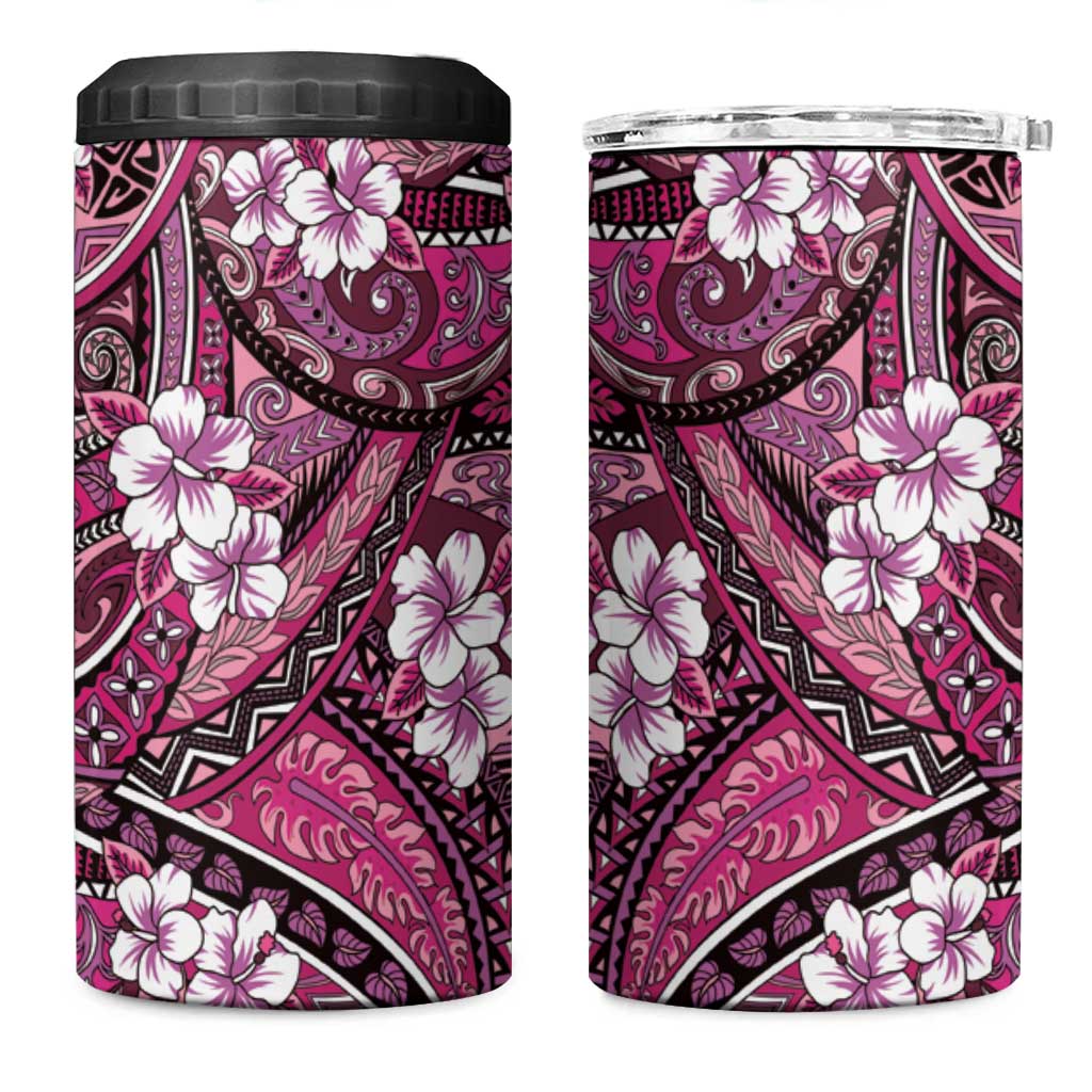 Polynesian Hibiscus Tropical Pink Floral 4 in 1 Can Cooler Tumbler Tribal Pattern - Polynesian Pride