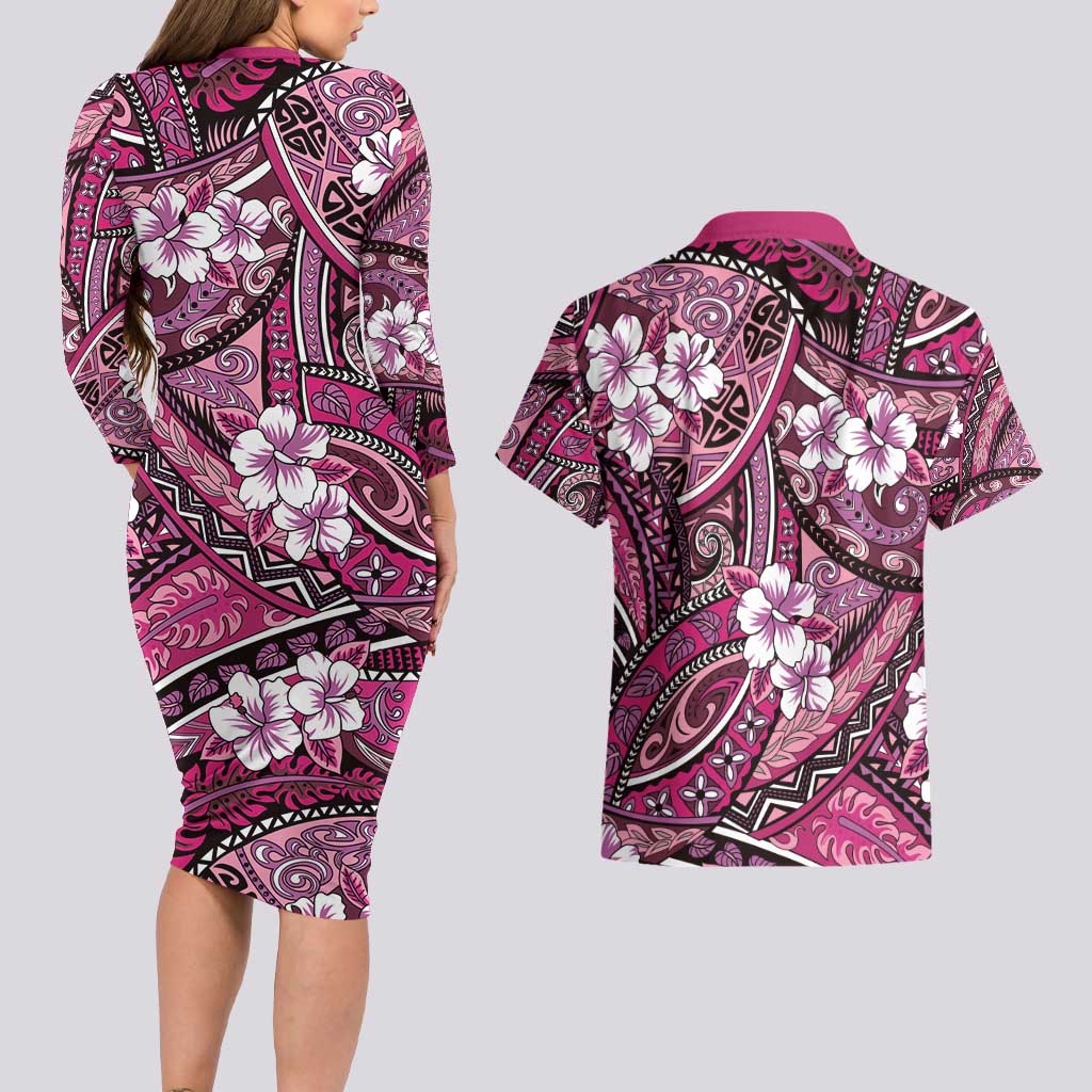 Polynesian Hibiscus Tropical Pink Floral Couples Matching Long Sleeve Bodycon Dress and Hawaiian Shirt Tribal Pattern - Polynesian Pride