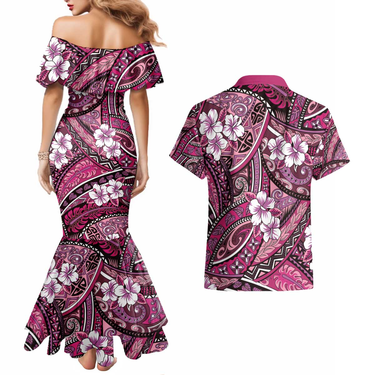 Polynesian Hibiscus Tropical Pink Floral Couples Matching Mermaid Dress and Hawaiian Shirt Tribal Pattern - Polynesian Pride
