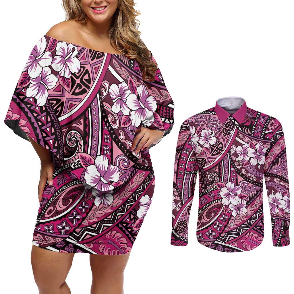 Polynesian Hibiscus Tropical Pink Floral Couples Matching Off Shoulder Short Dress and Long Sleeve Button Shirt Tribal Pattern LT01 Pink - Polynesian Pride