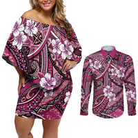 Polynesian Hibiscus Tropical Pink Floral Couples Matching Off Shoulder Short Dress and Long Sleeve Button Shirt Tribal Pattern LT01 Pink - Polynesian Pride