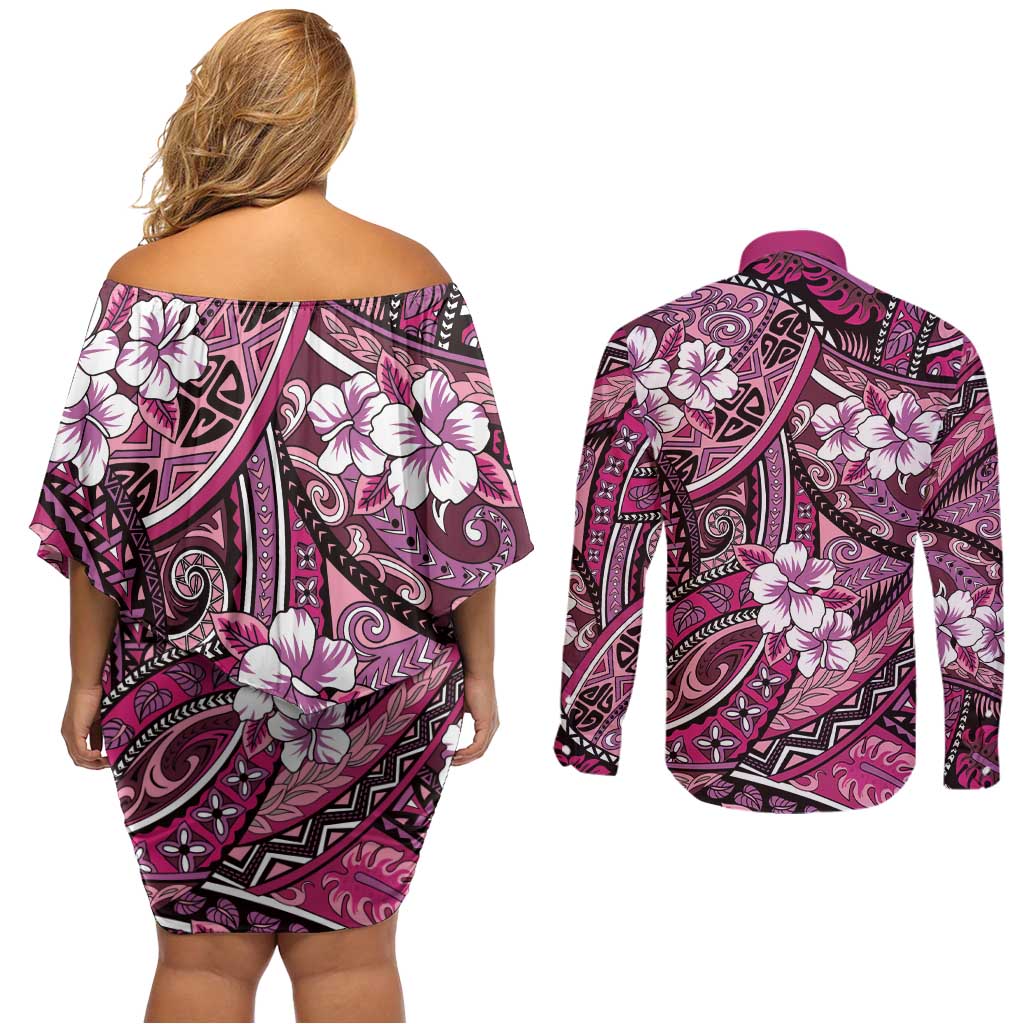 Polynesian Hibiscus Tropical Pink Floral Couples Matching Off Shoulder Short Dress and Long Sleeve Button Shirt Tribal Pattern LT01 - Polynesian Pride