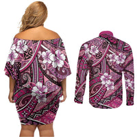 Polynesian Hibiscus Tropical Pink Floral Couples Matching Off Shoulder Short Dress and Long Sleeve Button Shirt Tribal Pattern LT01 - Polynesian Pride