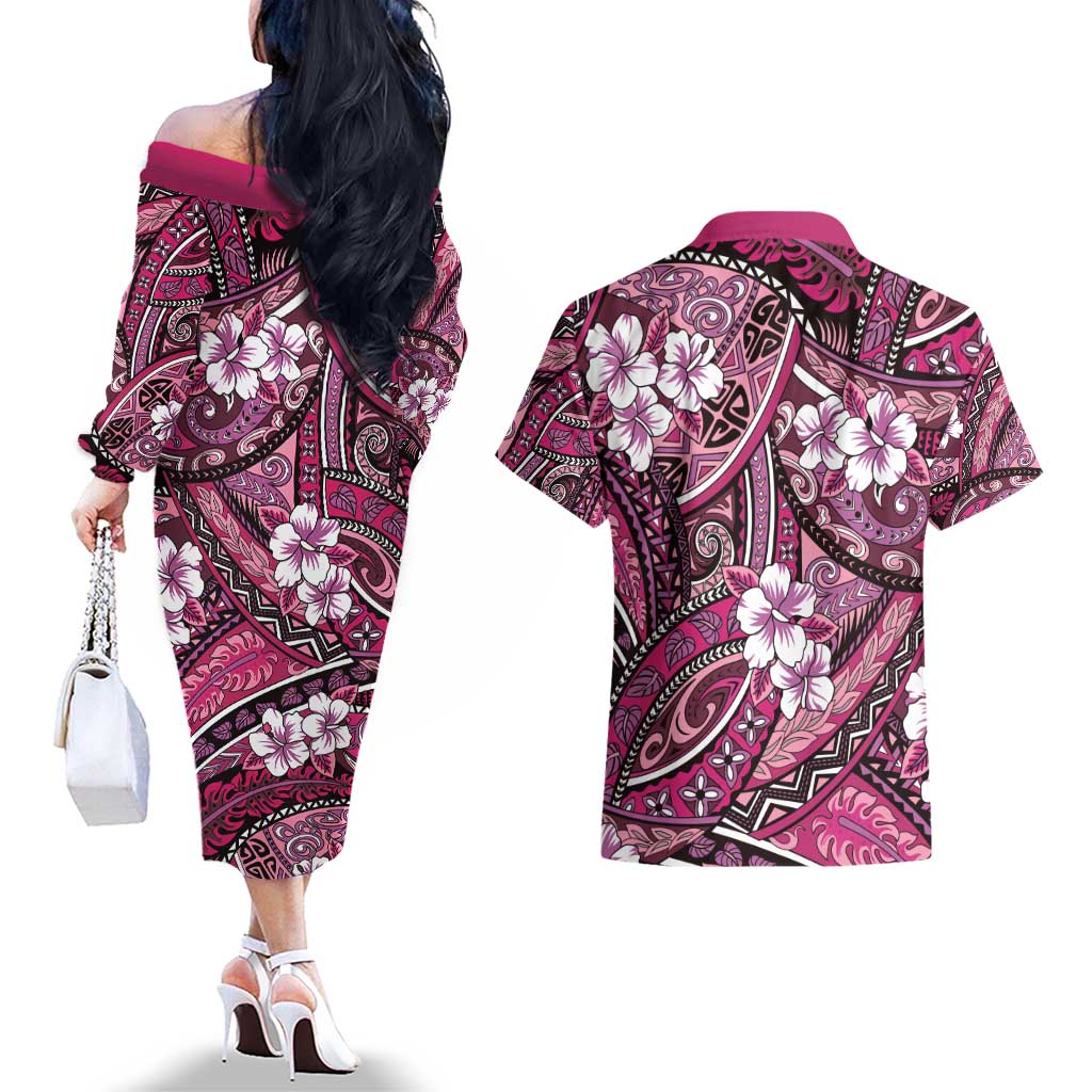 Polynesian Hibiscus Tropical Pink Floral Couples Matching Off The Shoulder Long Sleeve Dress and Hawaiian Shirt Tribal Pattern - Polynesian Pride