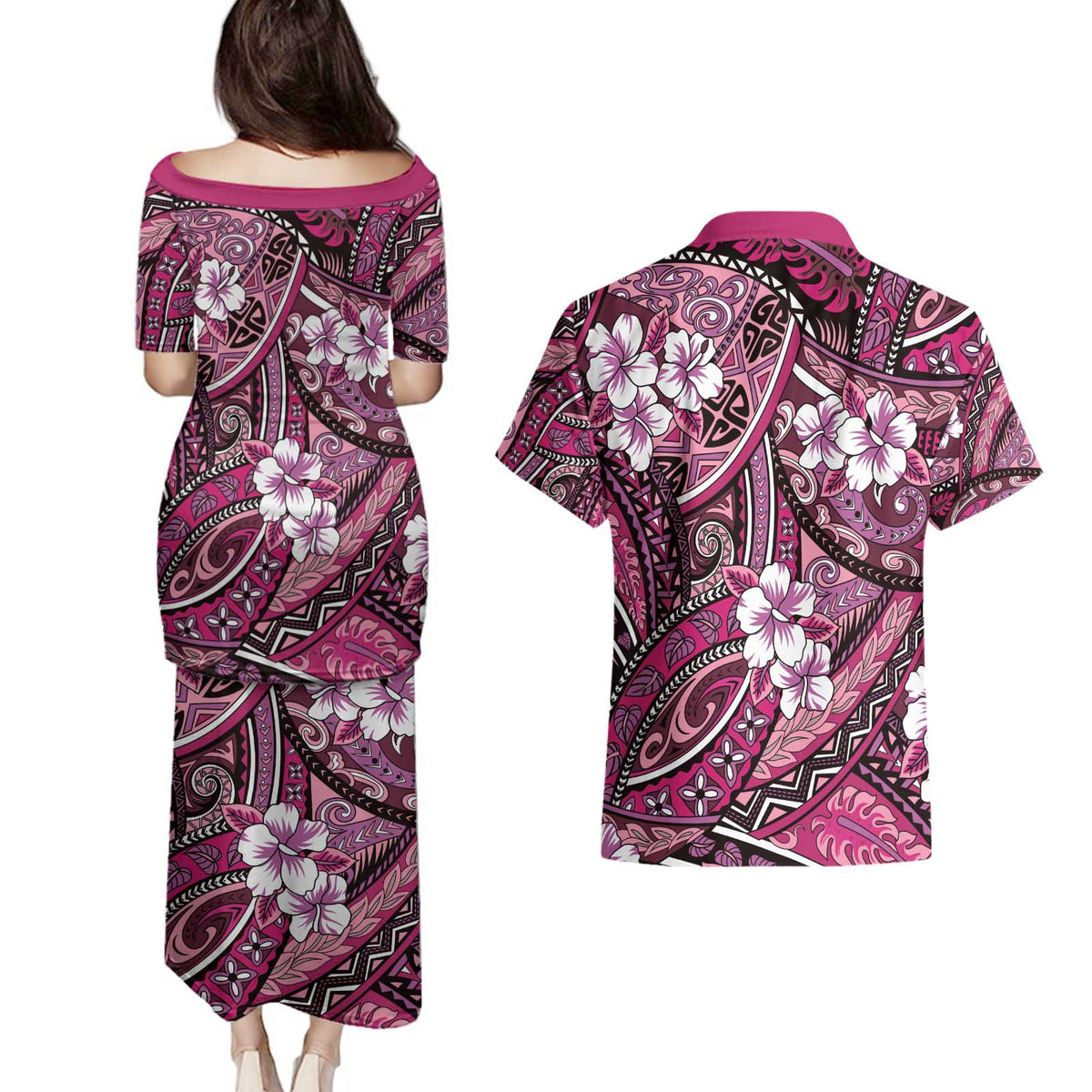 Polynesian Hibiscus Tropical Pink Floral Couples Matching Puletasi and Hawaiian Shirt Tribal Pattern - Polynesian Pride