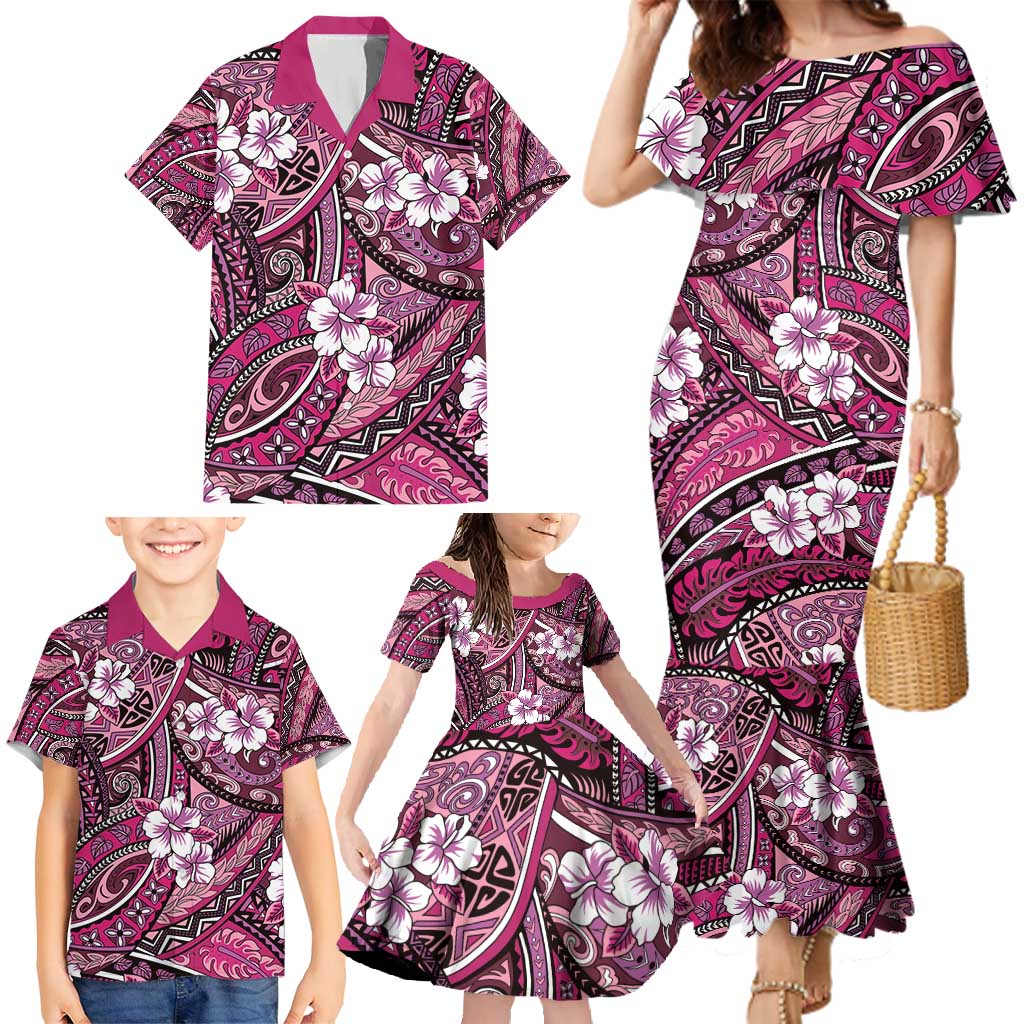 Polynesian Hibiscus Tropical Pink Floral Family Matching Mermaid Dress and Hawaiian Shirt Tribal Pattern - Polynesian Pride