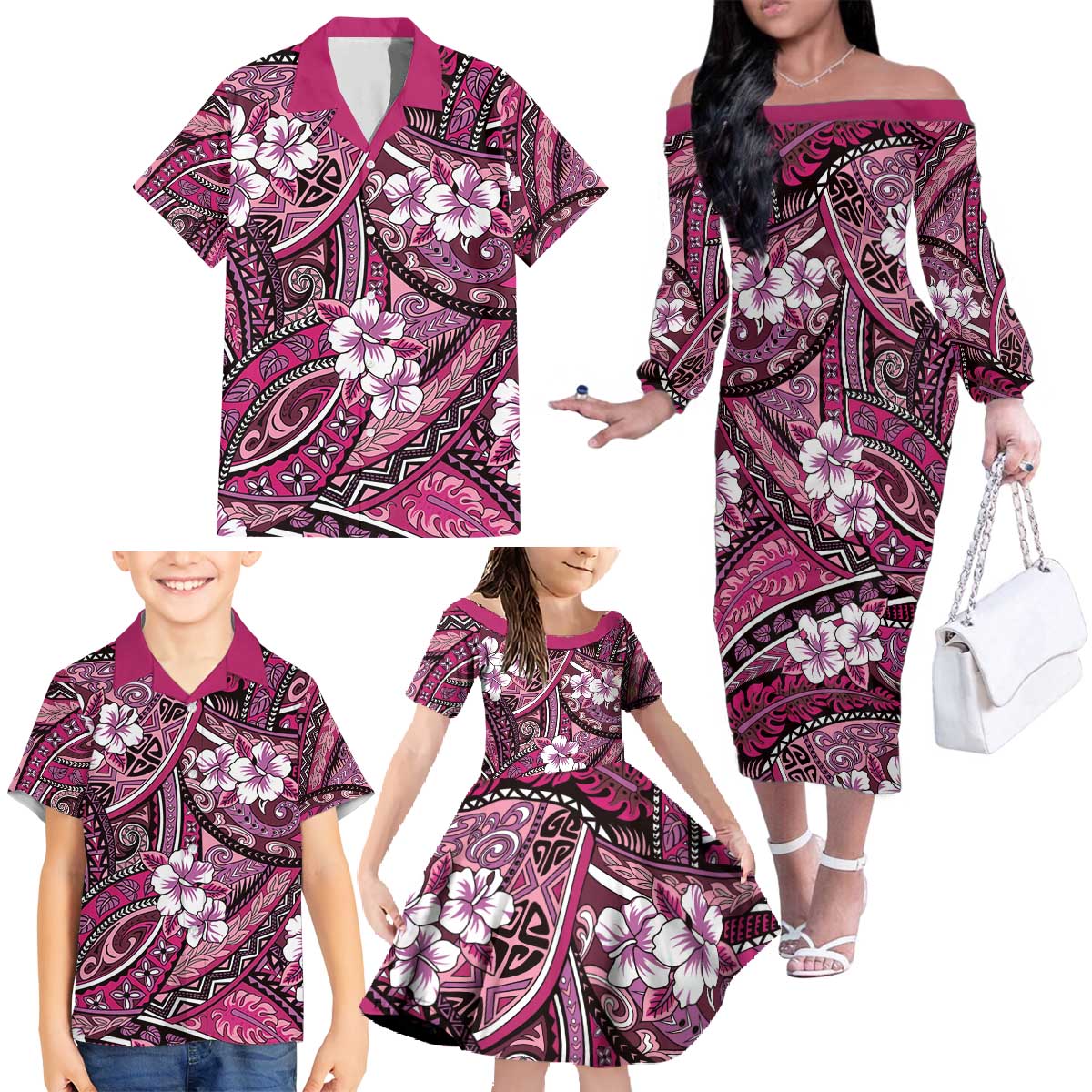 Polynesian Hibiscus Tropical Pink Floral Family Matching Off The Shoulder Long Sleeve Dress and Hawaiian Shirt Tribal Pattern - Polynesian Pride