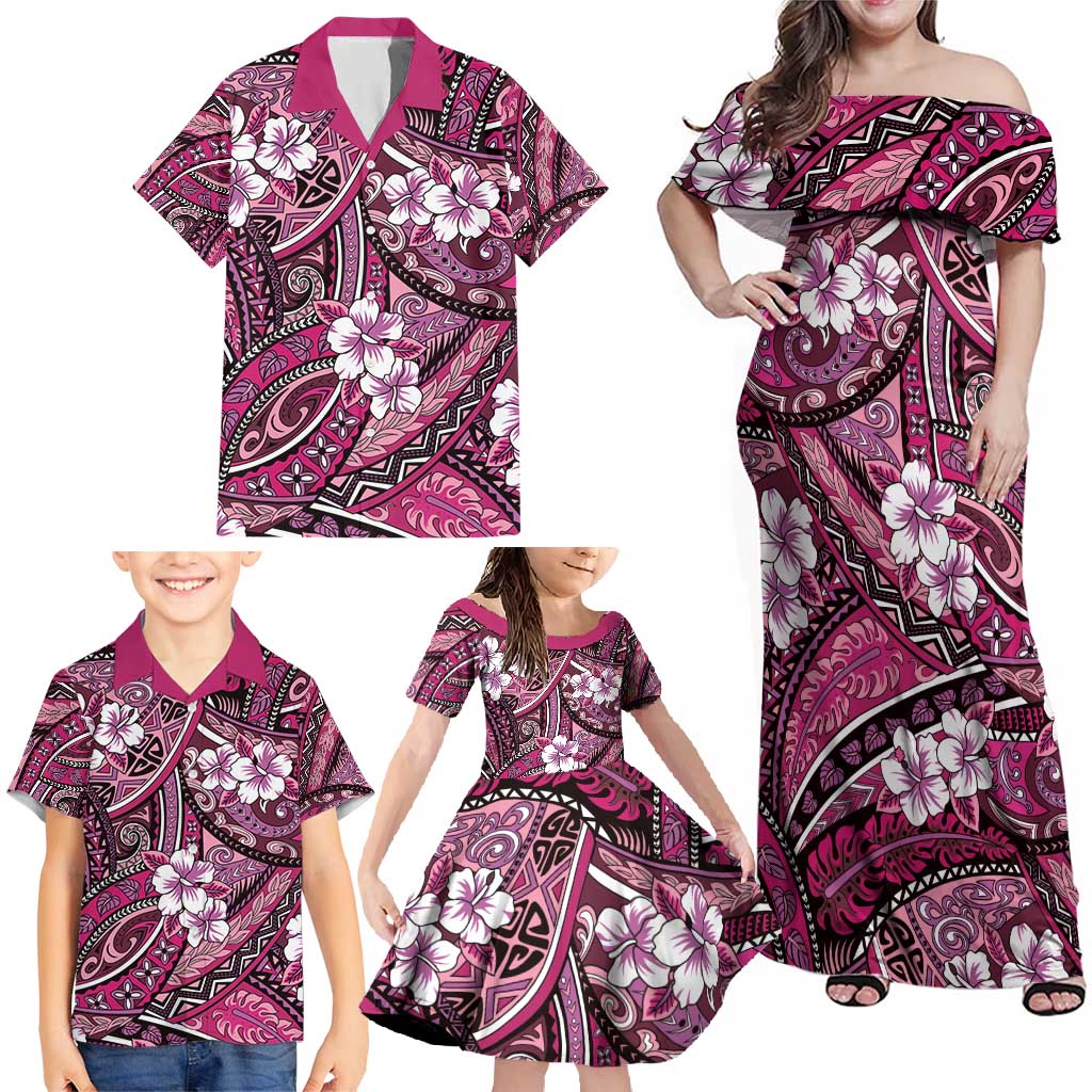 Polynesian Hibiscus Tropical Pink Floral Family Matching Off Shoulder Maxi Dress and Hawaiian Shirt Tribal Pattern - Polynesian Pride