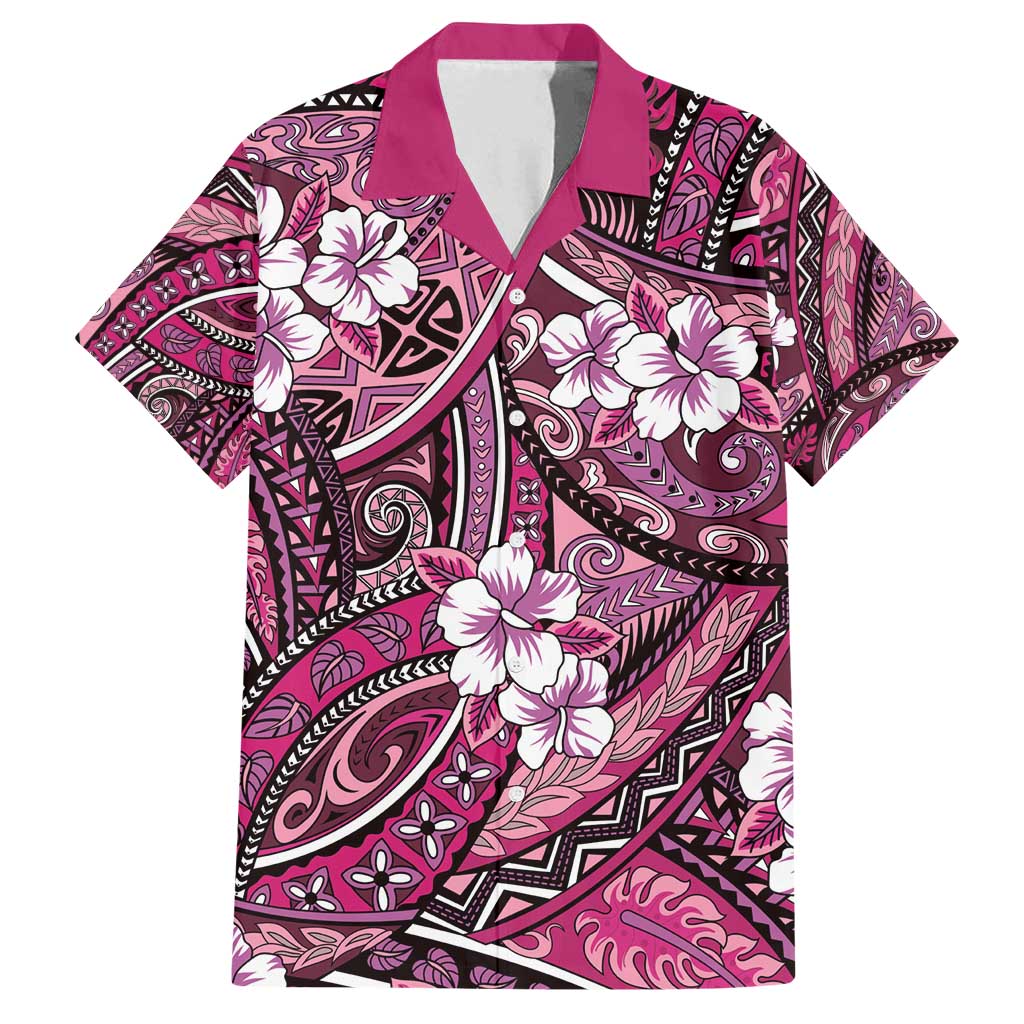 Polynesian Hibiscus Tropical Pink Floral Family Matching Off Shoulder Maxi Dress and Hawaiian Shirt Tribal Pattern - Polynesian Pride