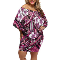 Polynesian Hibiscus Tropical Pink Floral Family Matching Off Shoulder Short Dress and Hawaiian Shirt Tribal Pattern - Polynesian Pride