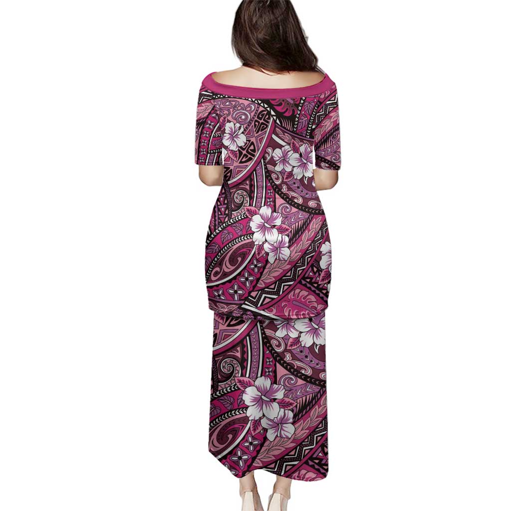 Polynesian Hibiscus Tropical Pink Floral Family Matching Puletasi and Hawaiian Shirt Tribal Pattern - Polynesian Pride